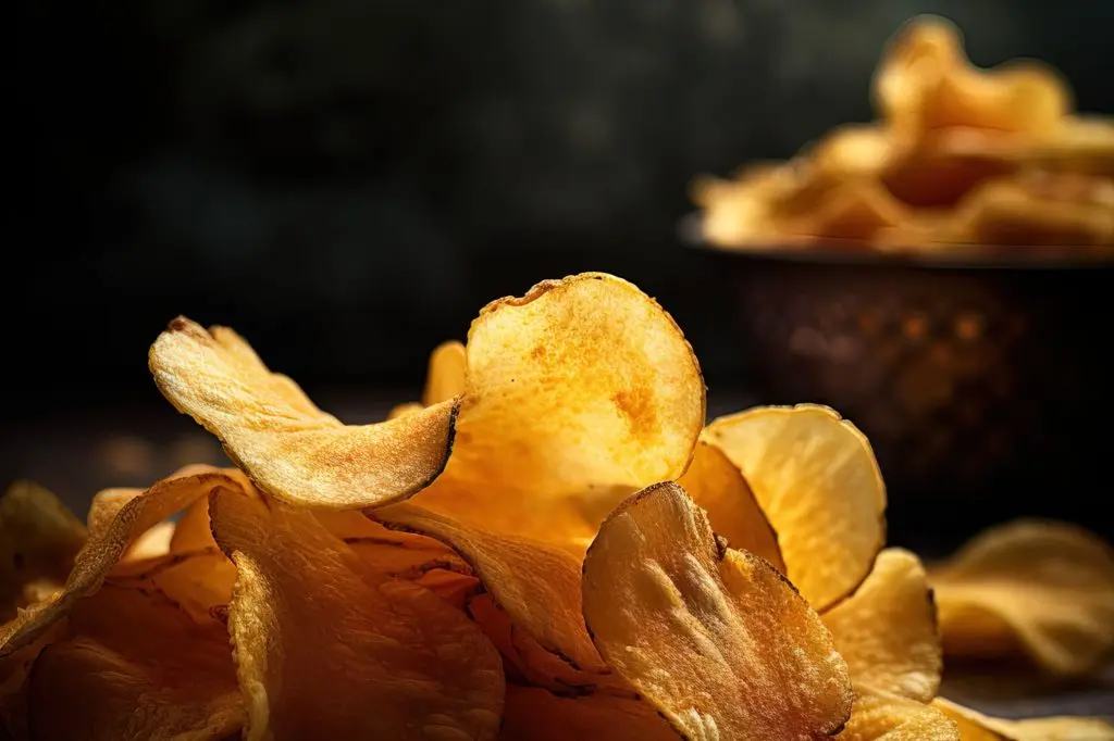 Close-up keripik singkong gurih dalam pencahayaan gelap – camilan khas UMKM Keripik Nafisa