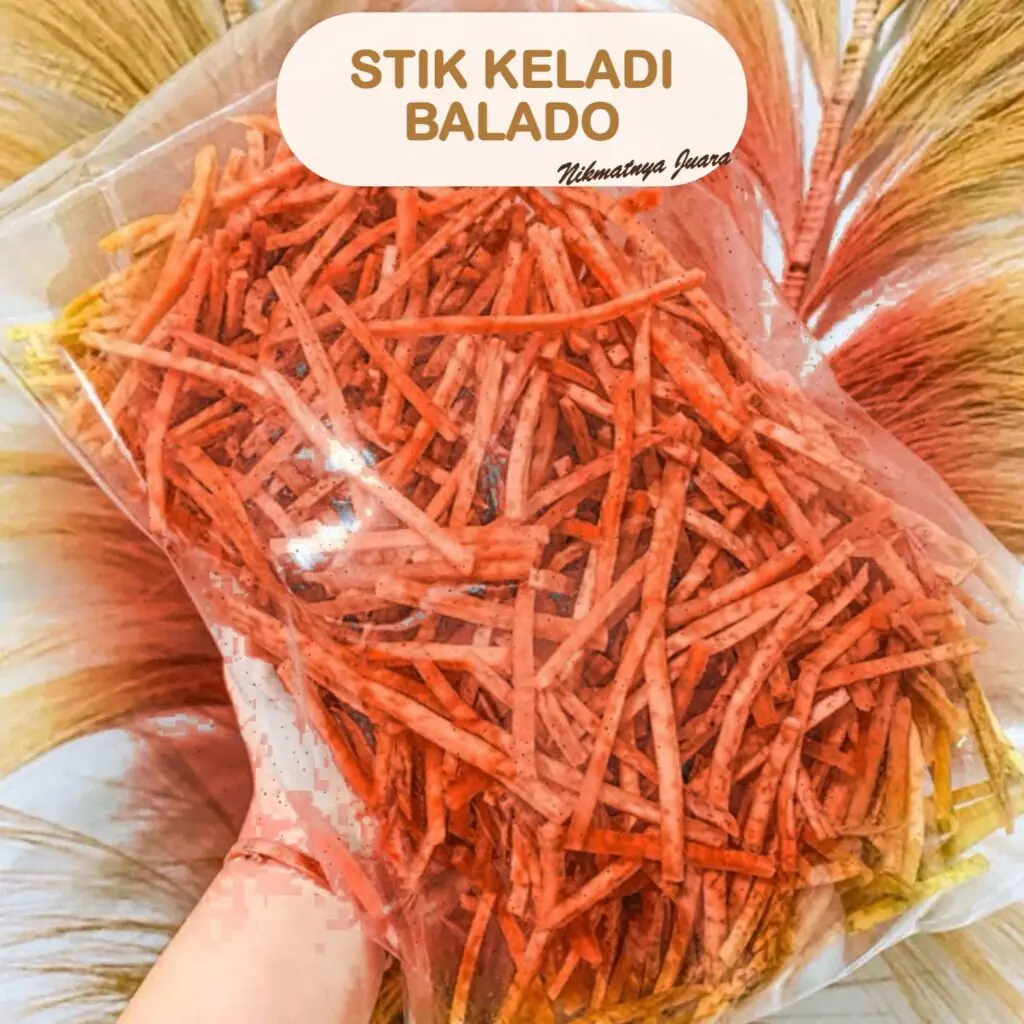 Keripik Stik Keladi Balado Nafisa dalam kemasan, camilan pedas gurih khas Singkawang
